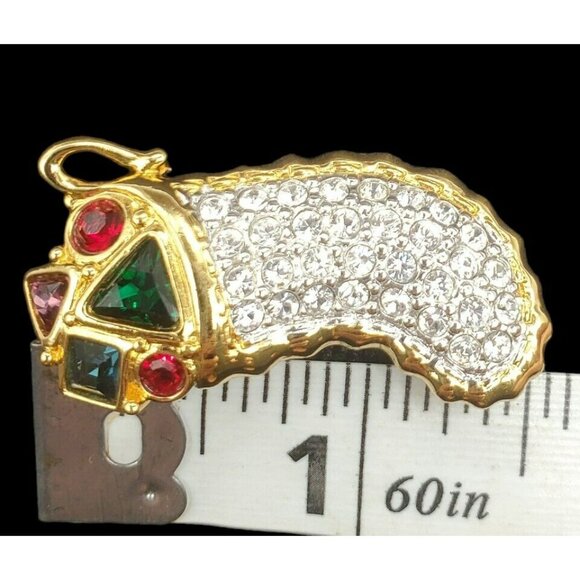 VTG Swarovski Crystal Christmas Stocking Pin Brooch Holiday Gold Tone Gems 1.5" - Picture 12 of 13